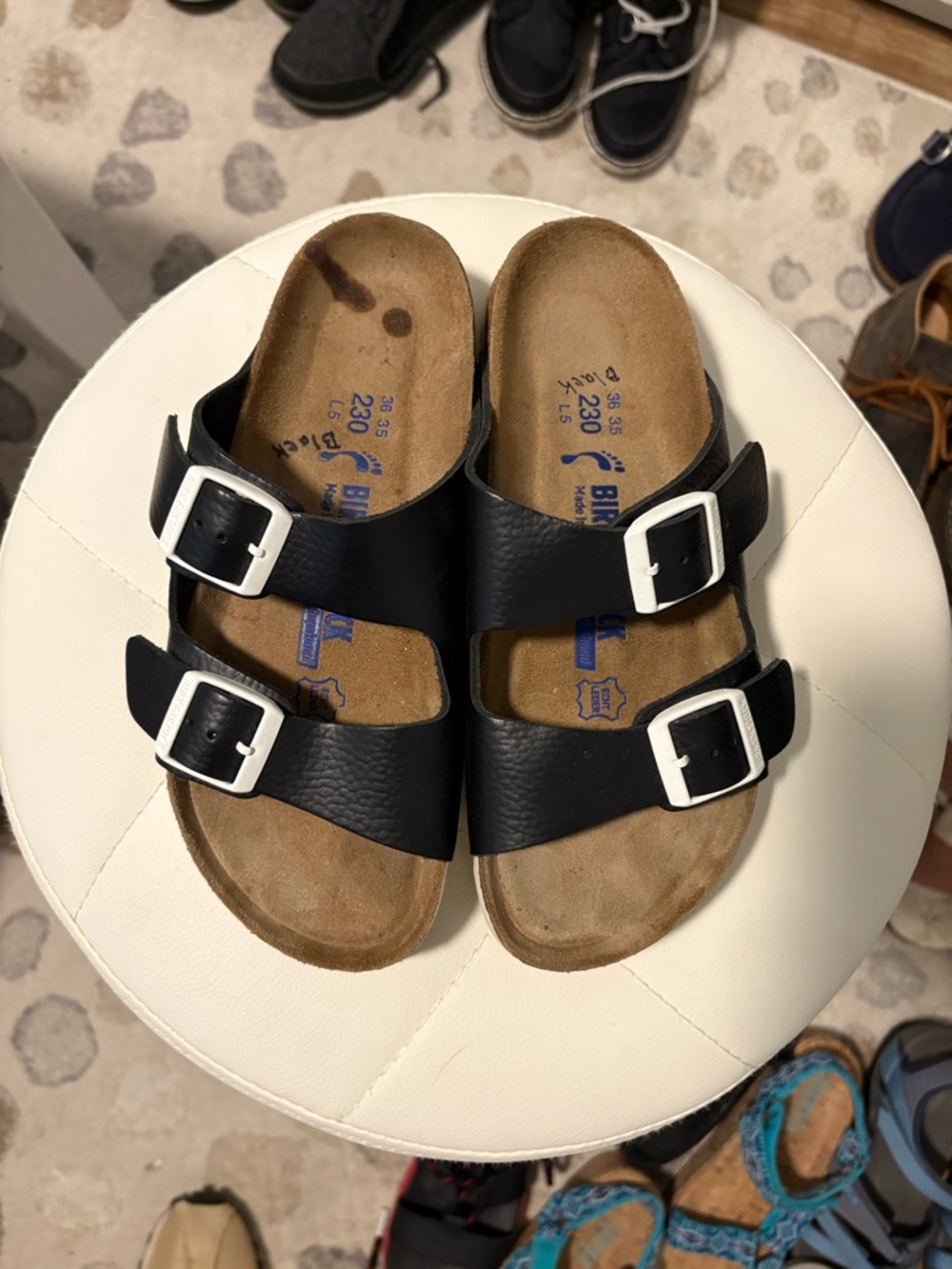 Birkenstock Black Leather Two-Strap Sandals with White Buckles - Picture 3 of 5